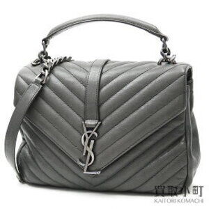 Yves Saint Laurent Monogram Satchel Bag Quilted Leather Chain Strap Coal